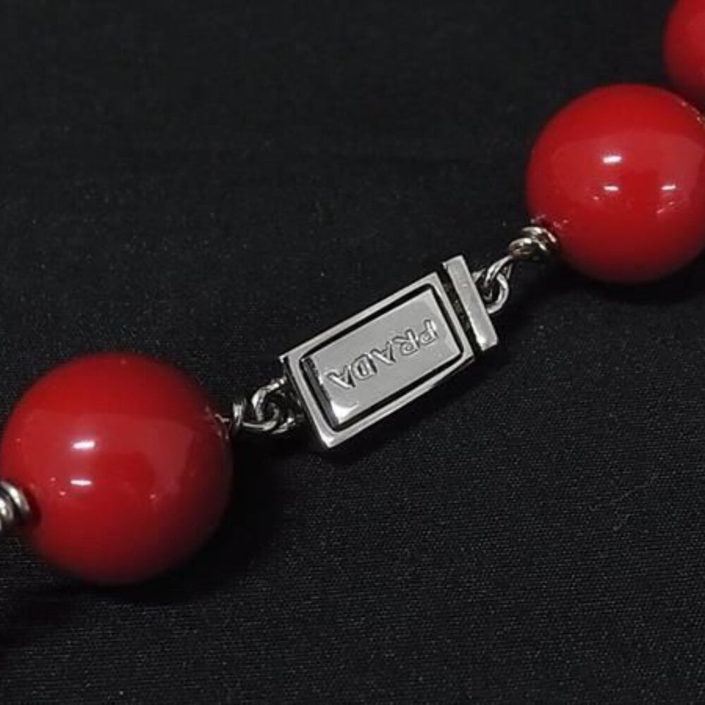 Prada Necklace Red Silver Plex Crystal Bird Tri Flower Hana - Picture 5 of 5